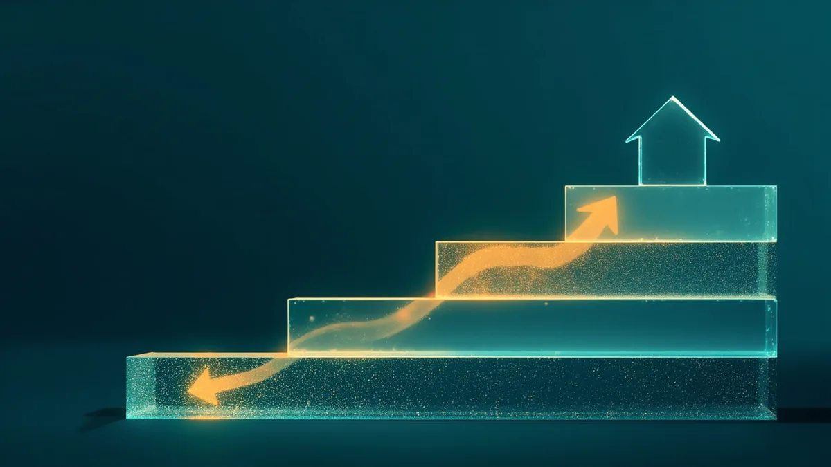 Drei gläserne Stufen, auf denen ein Pfeil von dichten Punkten zu einem einfachen Haus-Symbol aufsteigt. Illustration: KI-generiert (MiniMax image-01).
